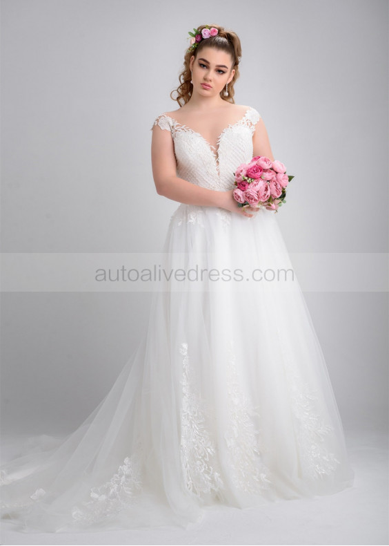 Beaded Lace Tulle Plus Size Ivory Wedding Dress